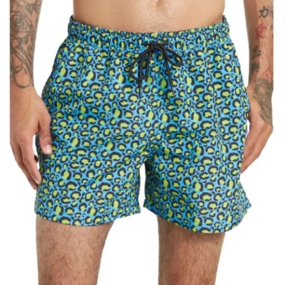 Happy Hour Blue‎ Cat Yellow Blue Leopard Swim Trunks